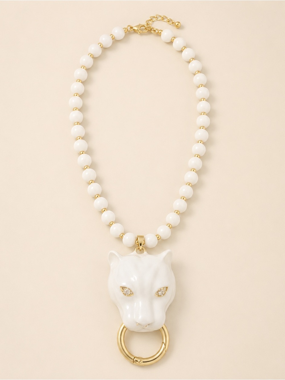 White Beaded Panther Pendant Necklace with Gold Ring